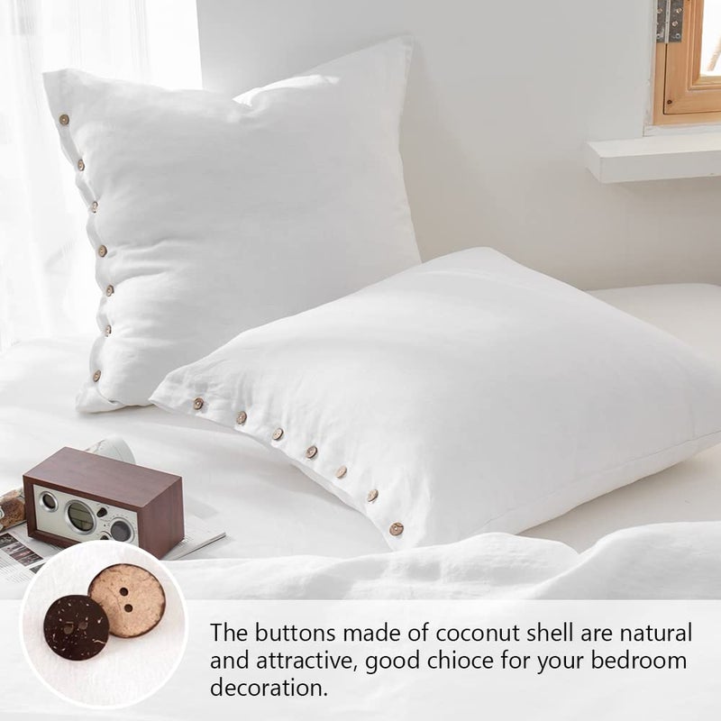 Simple&Opulence 100% Linen Euro Shams with Coconut Button (26'' x 26'') - Pack of 2 - Washed Solid Color Natural Flax Soft Breathable - White - Image 3